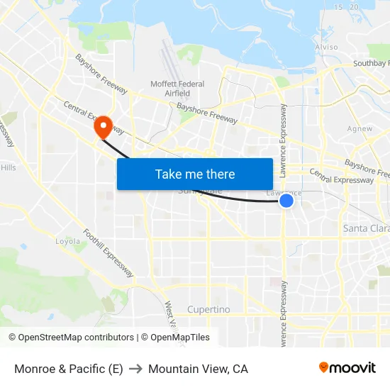 Monroe & Pacific (E) to Mountain View, CA map