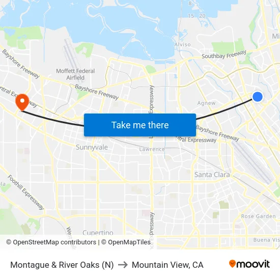 Montague & River Oaks (N) to Mountain View, CA map