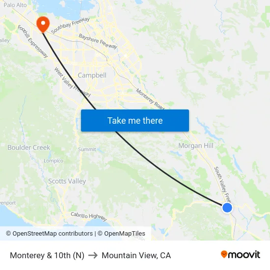 Monterey & 10th (N) to Mountain View, CA map