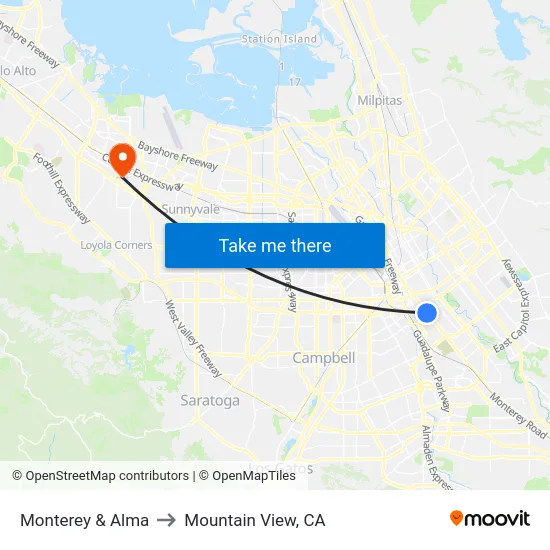 Monterey & Alma to Mountain View, CA map