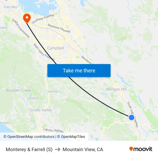 Monterey & Farrell (S) to Mountain View, CA map