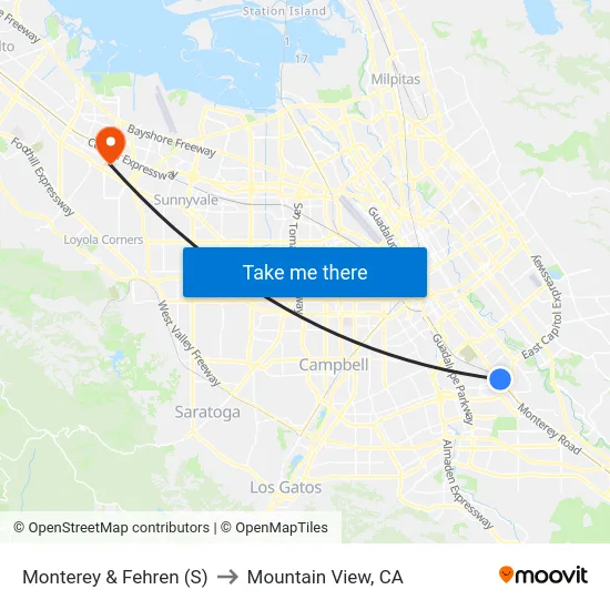 Monterey & Fehren (S) to Mountain View, CA map