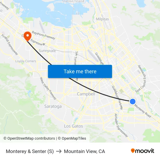 Monterey & Senter (S) to Mountain View, CA map
