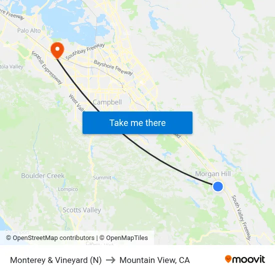 Monterey & Vineyard (N) to Mountain View, CA map