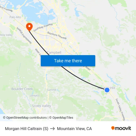 Morgan Hill Caltrain (S) to Mountain View, CA map