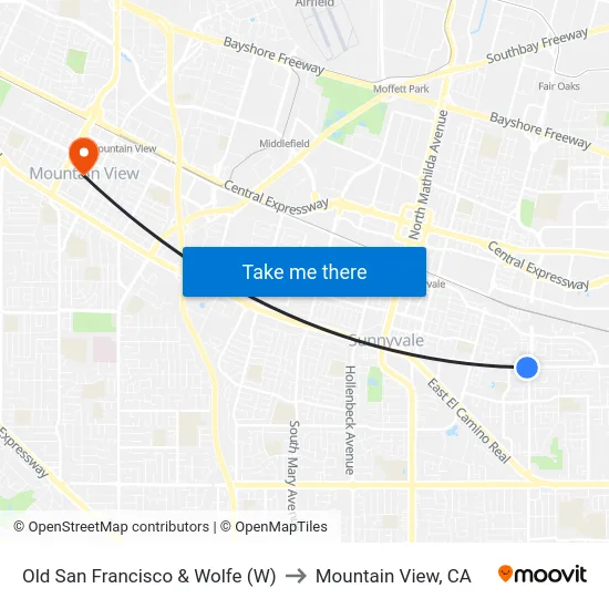Old San Francisco & Wolfe (W) to Mountain View, CA map