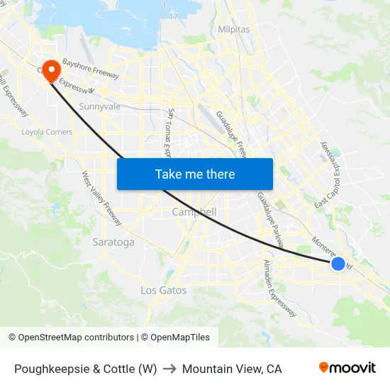 Poughkeepsie & Cottle (W) to Mountain View, CA map