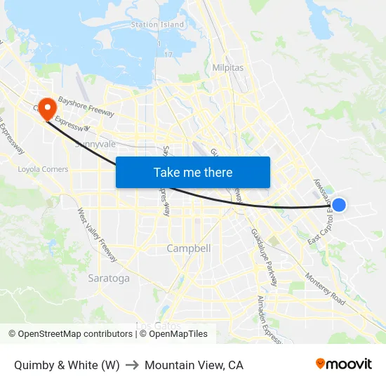 Quimby & White (W) to Mountain View, CA map