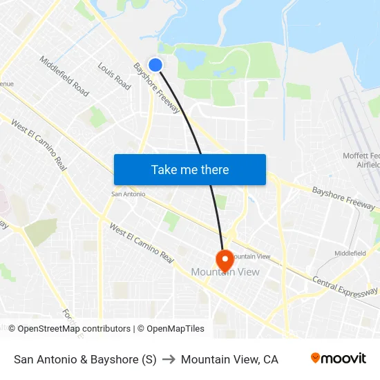 San Antonio & Bayshore (S) to Mountain View, CA map