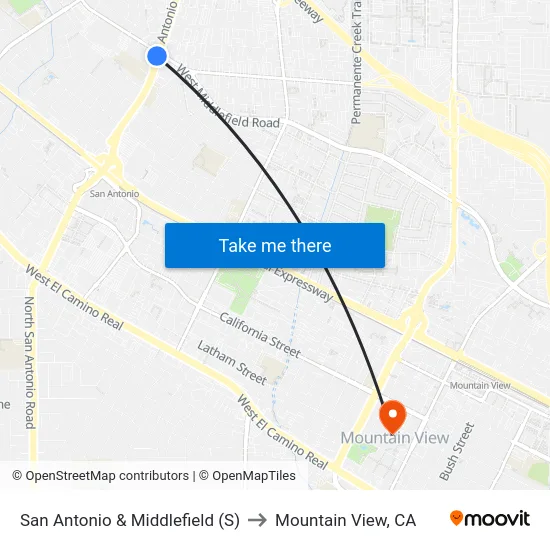 San Antonio & Middlefield (S) to Mountain View, CA map