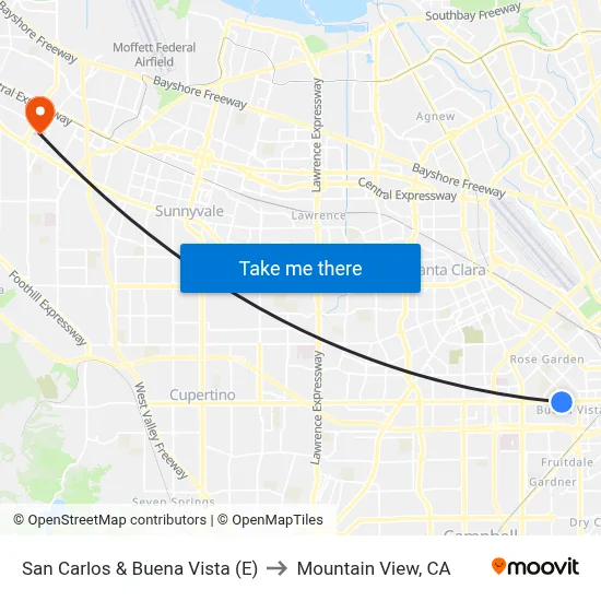 San Carlos & Buena Vista (E) to Mountain View, CA map