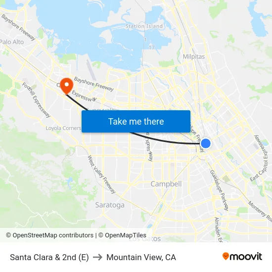 Santa Clara & 2nd (E) to Mountain View, CA map