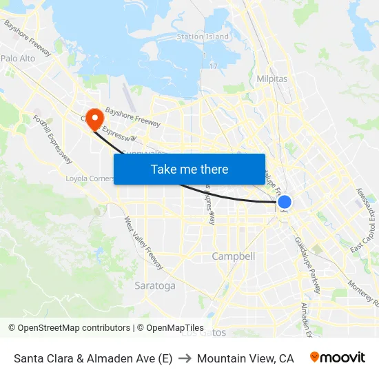 Santa Clara & Almaden Ave (E) to Mountain View, CA map