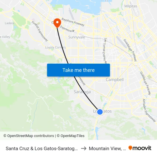 Santa Cruz & Los Gatos-Saratoga (S) to Mountain View, CA map