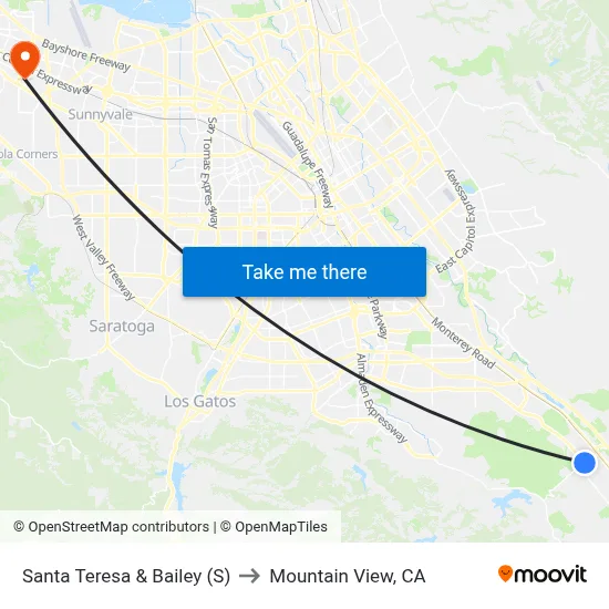 Santa Teresa & Bailey (S) to Mountain View, CA map