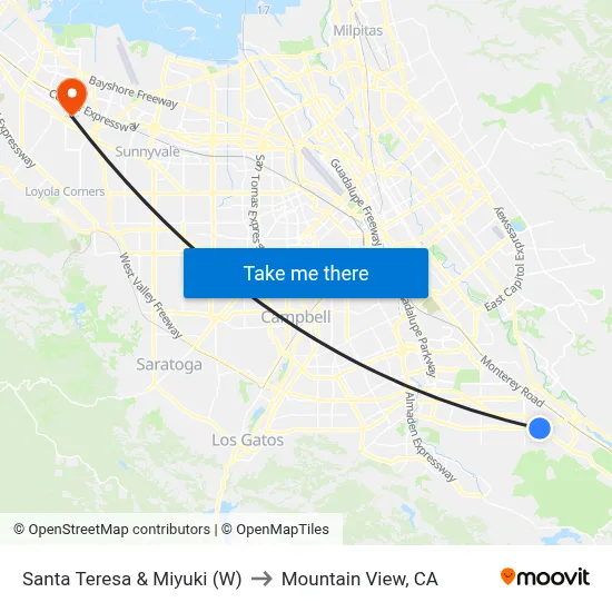 Santa Teresa & Miyuki (W) to Mountain View, CA map