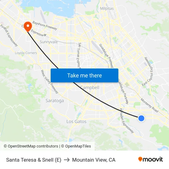 Santa Teresa & Snell (E) to Mountain View, CA map