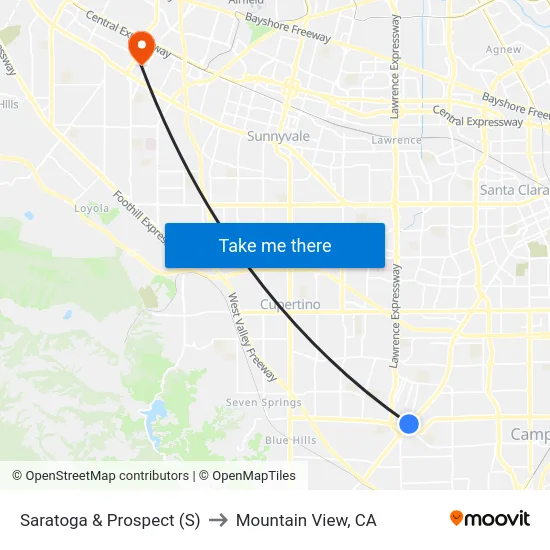 Saratoga & Prospect (S) to Mountain View, CA map