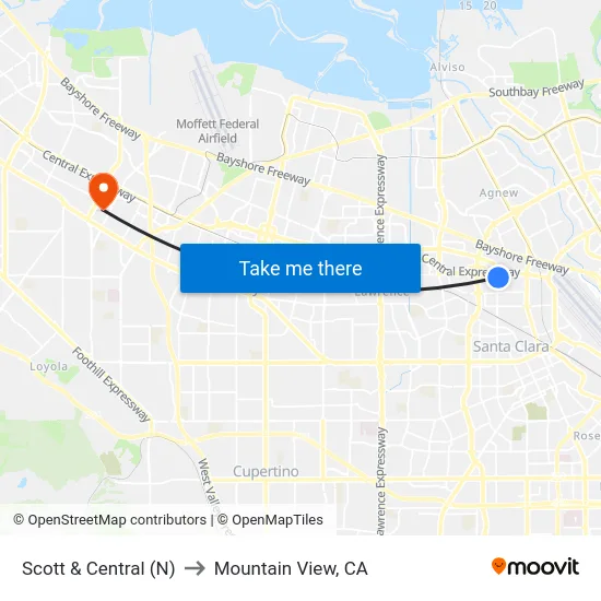 Scott & Central (N) to Mountain View, CA map
