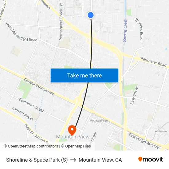 Shoreline & Space Park (S) to Mountain View, CA map