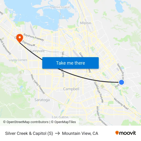 Silver Creek & Capitol (S) to Mountain View, CA map