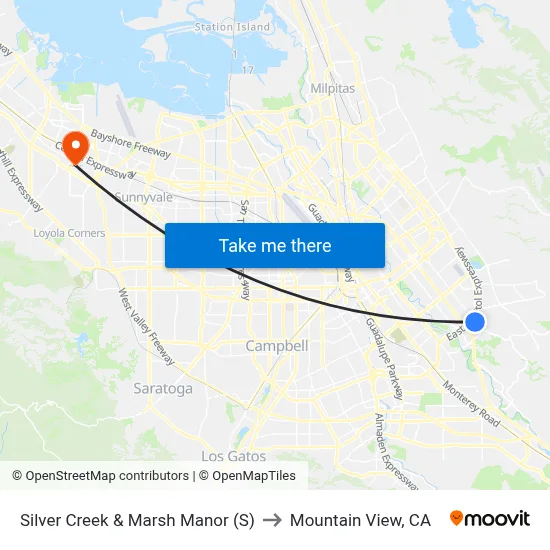 Silver Creek & Marsh Manor (S) to Mountain View, CA map