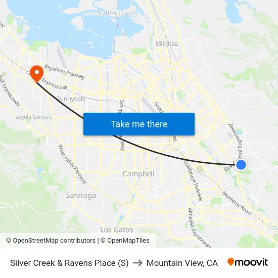 Silver Creek & Ravens Place (S) to Mountain View, CA map