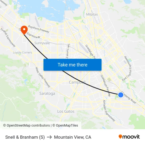 Snell & Branham (S) to Mountain View, CA map