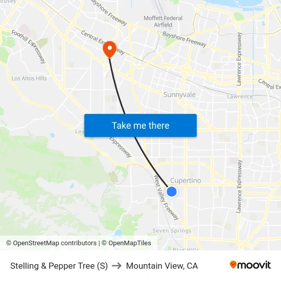 Stelling & Pepper Tree (S) to Mountain View, CA map