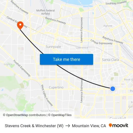 Stevens Creek & Winchester (W) to Mountain View, CA map