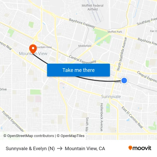 Sunnyvale & Evelyn (N) to Mountain View, CA map