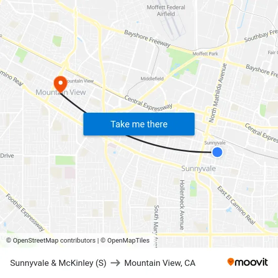 Sunnyvale & McKinley (S) to Mountain View, CA map