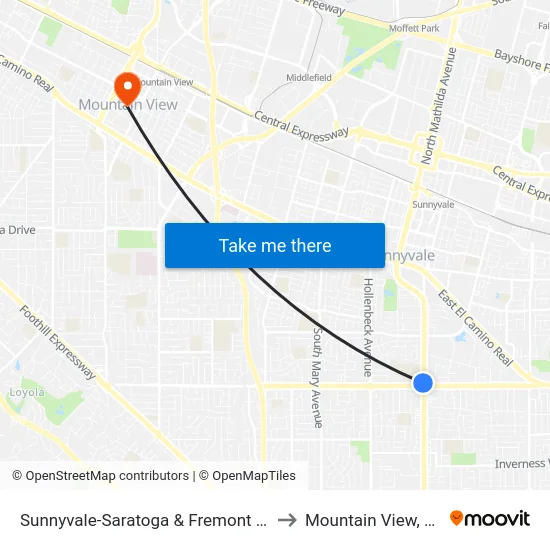 Sunnyvale-Saratoga & Fremont (S) to Mountain View, CA map