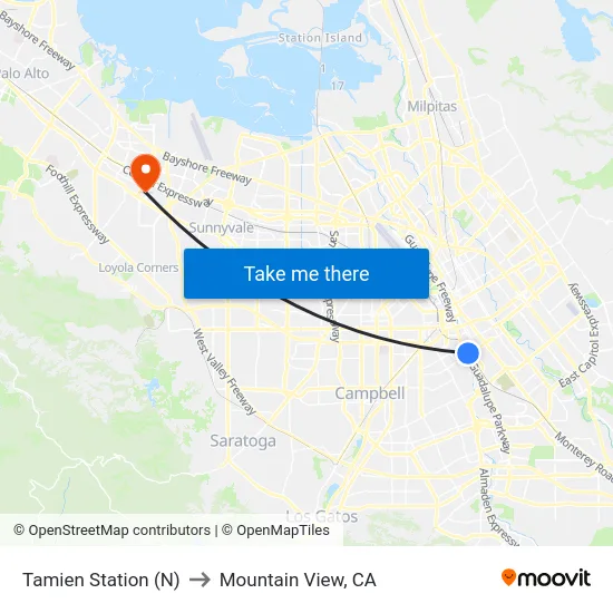 Tamien Station (N) to Mountain View, CA map