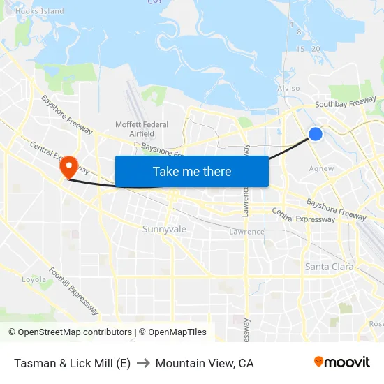 Tasman & Lick Mill (E) to Mountain View, CA map