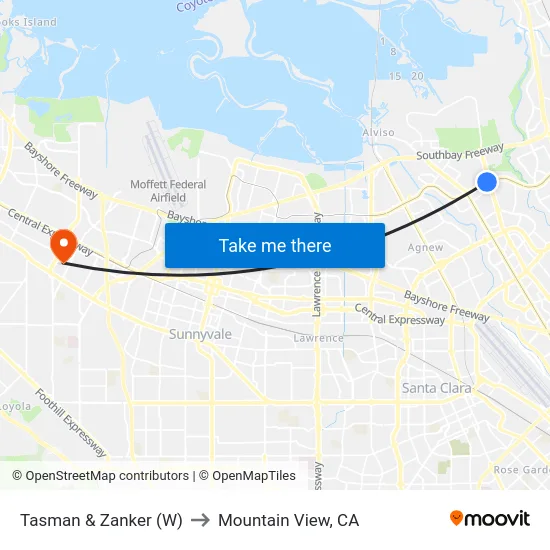 Tasman & Zanker (W) to Mountain View, CA map