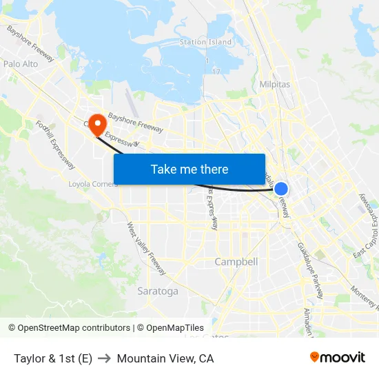 Taylor & 1st (E) to Mountain View, CA map