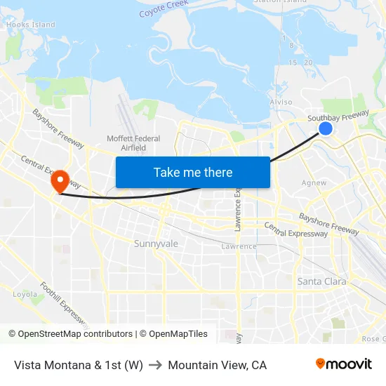 Vista Montana & 1st (W) to Mountain View, CA map