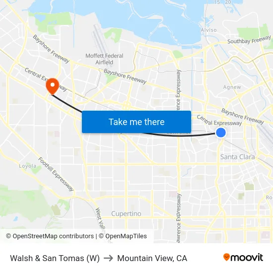Walsh & San Tomas (W) to Mountain View, CA map