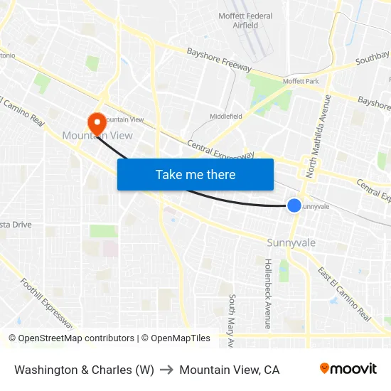 Washington & Charles (W) to Mountain View, CA map