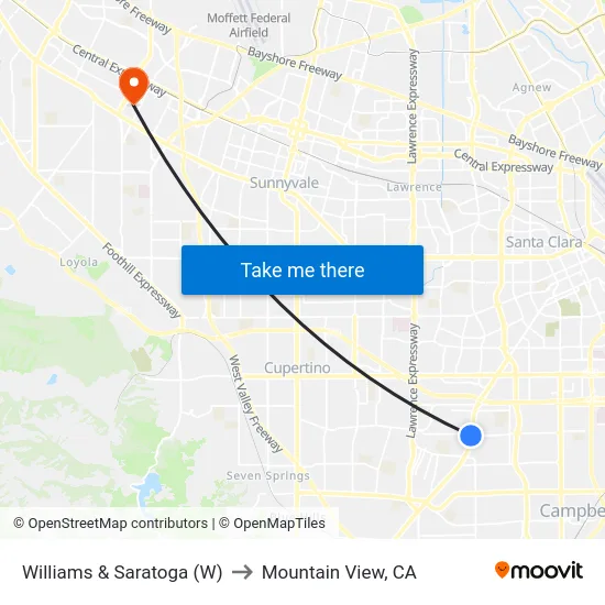 Williams & Saratoga (W) to Mountain View, CA map