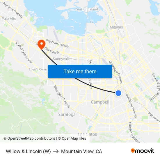 Willow & Lincoln (W) to Mountain View, CA map
