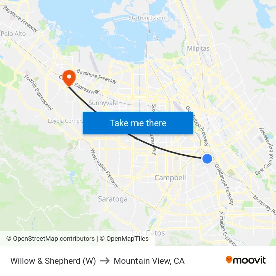 Willow & Shepherd (W) to Mountain View, CA map