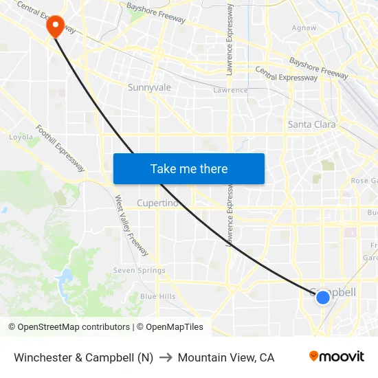 Winchester & Campbell (N) to Mountain View, CA map