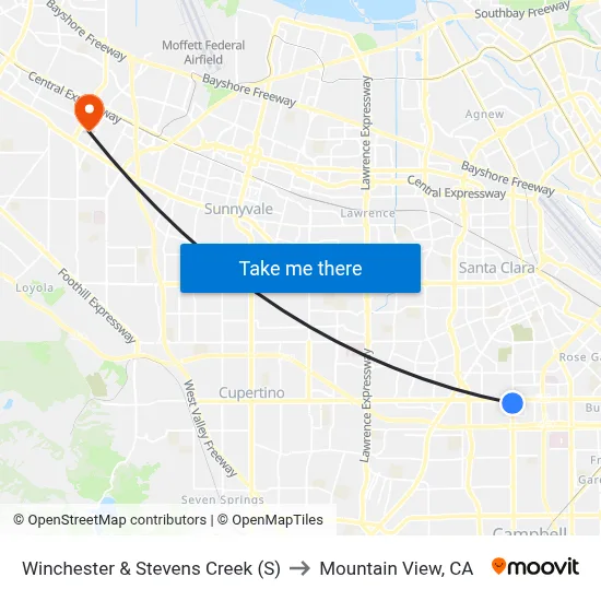 Winchester & Stevens Creek (S) to Mountain View, CA map
