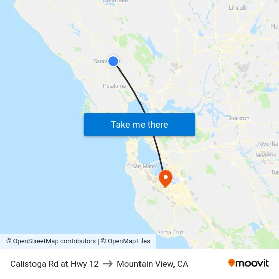 Calistoga Rd at Hwy 12 to Mountain View, CA map