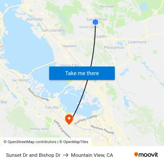Sunset Dr and Bishop Dr to Mountain View, CA map