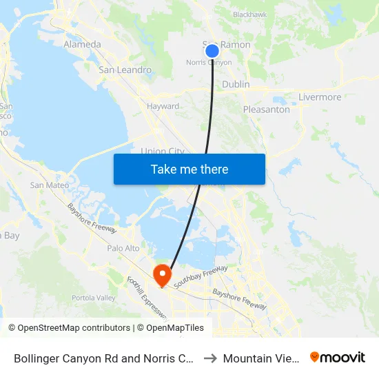 Bollinger Canyon Rd and Norris Canyon Rd to Mountain View, CA map