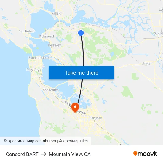 Concord BART to Mountain View, CA map