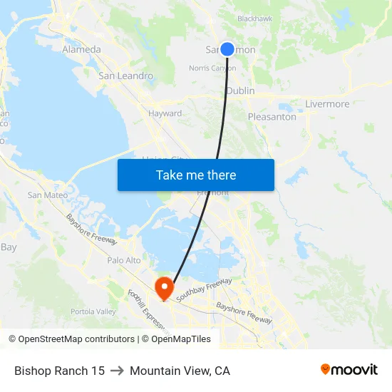 Bishop Ranch 15 to Mountain View, CA map